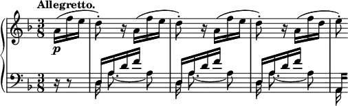 
 \relative c' {
  \new PianoStaff <<
   \new Staff { \key d \minor \time 3/8 \partial 8. \tempo "Allegretto."
    a'16\p( f' e d8-.) r16 a( f' e d8-.) r16 a( f' e d8-.) r16 a( f' d e8*1/2-.)
   }
   \new Staff { \key d \minor \time 3/8 \clef bass
    <<
     {
      d,,16\rest d8\rest d16 a' d f s8 d,16 a' d f s8 d,16 a' d f s8 \set stemLeftBeamCount = #0 a,,16[]
     }
    \\
     { \autoBeamOff \mergeDifferentlyDottedOn s8. d16 a'8.~ a8 d,16 a'8.~ a8 d,16 a'8.~ a8 a,16 }
    >>
   }
  >>
 }
