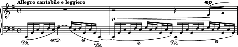 \relative c' {
\new PianoStaff <<
\new Staff { \key e \minor \time 4/4 \set Score.tempoHideNote = ##t
\tempo "Allegro cantabile e leggiero" 4=100
R1 r2 r4 \shape #'((0 . 0) (0 . 0) (1 . 0.5) (3 . 1)) Slur e8^\mp ^( g8)
}
\new Dynamics {
s1 s4\p \< s s s\!
}
\new Staff { \key e \minor \time 4/4 \clef bass
\set subdivideBeams = ##t
\set baseMoment = #(ly:make-moment 1/8)
\set beatStructure = 2,2,2,2
e,,16*2/3\sustainOn _( b' e b fis' e\sustainOff g4--\sustainOn ) ~
\stemUp g16*2/3( e fis b,\sustainOff e b e,4--\sustainOn ) ~
e16*2/3_( b' e b fis' e\sustainOff g e fis b, e b)
e,\sustainOn ( b' e b fis' e g e fis\sustainOff b, e b)
}
>>
}