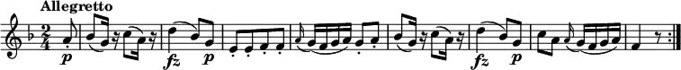 
\version "2.18.2"
\relative c'' {
  \key f \major
  \time 2/4
  \tempo "Allegretto"
  \tempo 4 = 88
  \partial 8 a8-.\p
  bes (g16) r c8 (a16) r
  d4\fz (bes8) g\p
  e-. [e-. f-. f-.] 
  \grace a16 (g) (f g a) g8-. a-.
  bes (g16) r c8 (a16) r
  d4\fz (bes8) g\p
  c a \grace a16 (g) (f g a)
  f4 r8 \bar ":|."
}
