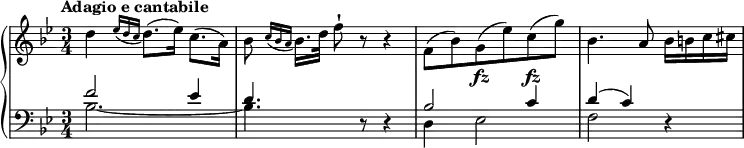 
 \relative c'' {
  \new PianoStaff <<
   \new Staff { \key bes \major \time 3/4 \set Score.tempoHideNote = ##t \tempo "Adagio e cantabile" 4=66
    d \grace {es16 (d c} d8.) (es16) c8. (a16) bes8 \grace {c16 (bes a} bes16.) d32 f8-! r r4 f,8 (bes) g (es') c (g') bes,4. a8 bes16 b c cis
   }
   \new Dynamics {
    s1 s2. s4\fz s4\fz
   }
   \new Staff { \key bes \major \time 3/4 \clef bass
    << {f,2 es4 d4.} \\ {bes2.~ bes4.} >>
    r8 r4
    << {bes2 c4 d (c)} \\ {d, es2 f2} >>
    r4
     }
     >>
    }
