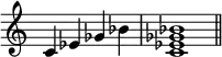 {\omit Staff.TimeSignature \time 4/4 c'4ees'ges'bes' \time 4/4 <c'ees'ges'bes'>1 \bar "||"}