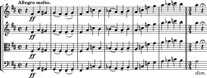 \new StaffGroup <<
\new Staff { \relative c' { \key b \minor \time 2/2 \tempo "Allegro molto."
r4 fis\ff a gis g( fis) fis--( g--) fis a c b bes( a) a-- bes-- a c f g a bes c bes \bar "||" \time 3/4 a r\fermata } }
\new Staff { \relative c' { \key b \minor \time 2/2
r4 fis\ff a gis g( fis) fis--( g--) fis a c b bes( a) a-- bes-- a c f g a bes c bes \bar "||" \time 3/4 a r\fermata } }
\new Staff { \relative c' { \key b \minor \time 2/2 \clef C
r4 fis,\ff a gis g( fis) fis--( g--) fis a c b bes( a) a-- bes-- a c f g a bes c bes \bar "||" \time 3/4 a r\fermata } }
\new Staff { \relative c' { \key b \minor \time 2/2 \clef bass
r4 fis,,\ff a gis g( fis) fis--( g--) fis a c b bes( a) a-- bes-- a c f g a bes c bes \bar "||" \time 3/4 << a2 { s4\dim s4\! } >> } }
>>