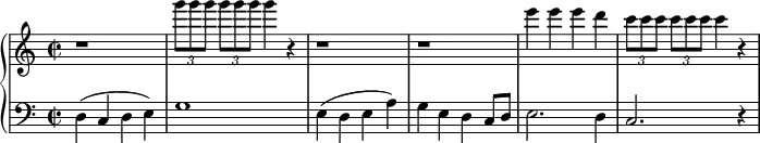 
 \relative b' {
#(set-default-paper-size "a5")
#(set-global-staff-size 16)
  \new PianoStaff <<
   \new Staff { \time 2/2
\once \omit Score.MetronomeMark \tempo 2 = 108
    r1 \times 2/3 { g''8[ g g] } \times 2/3 { g8[ g g] } g4 r r1 r e4 e e d \times 2/3 { c8[ c c] } \times 2/3 { c8[ c c] } c4 r
   }
   \new Staff { \time 2/2 \clef bass
    d,,,4( c d e) g1 e4( d e a) g e d c8 d e2. d4 c2. r4
 }
  >>
 }

