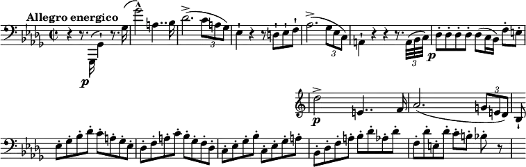  \new Staff = main \relative bes, {\omit Score.BarNumber \clef bass \key bes \minor \time 2/2
{r4^\markup {\right-align \bold {Allegro energico}} r8. \stemDown ges,16(_\markup {\right-align \dynamic p} ges'4)-! r8. ges'16( ges'2)-^ a,4.. bes16 des2.(-> \tuplet 3/2 {c8 a ges)} es4-! r4 r8 d-! es-! f-! aes2.(-> \tuplet 3/2 {ges8 es c)} a4-! r r r8. \tuplet 3/2 {a32( bes c)} des8-._\markup {\right-align \dynamic p} des-. des-. des-. des([ c16 bes]) f'8-. e-. es-. ges-. bes-. des-. c-. a-. ges-. es-. des-. f-. a-. c-. bes-. ges-. f-. des-. c-. es-. ges-. bes-. c,-. es-. ges-. a-.  

  <<
{bes,8-. des-. f-. a-. bes-. des-. aes-. des-. f,-. des'-. e,-. des'-. c-.[ b-.] bes-. r}

 \new Staff \with {alignAboveContext = #"main"}
{ \omit Staff.TimeSignature \omit Staff.KeySignature \key bes \minor
 \relative bes'{ des2->\p e,4.. f16 aes2.( \tuplet 3/2 {g8 e des)} bes-! }
}
  >>
}}
