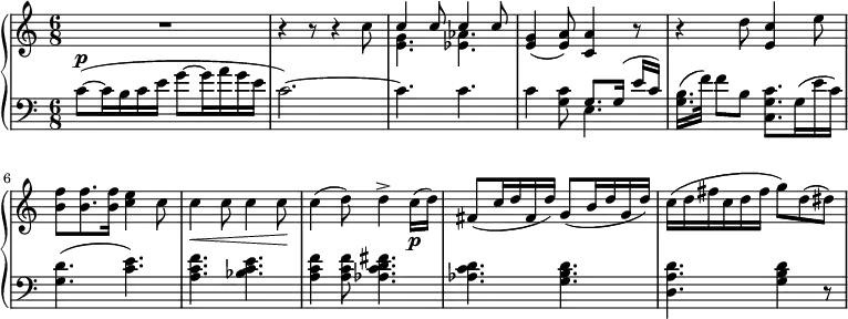 
 \relative c' {
  \new PianoStaff <<
   \new Staff { \key a \minor \time 6/8     \set Score.tempoHideNote = ##t
     \tempo "" 8 = 105

R1*6/8 r4 r8 r4  c'8
    <<
   {c4 c8 c4 c8}
    \\
   {<e, g>4. <ees aes>4.}
    >>
{<e g>4( <e a>8) <c a'>4 r8 r4 d'8 <c e,>4 e8 <b f'> <b f'>8. <b f'>16 <c e>4 c8 c4\< c8 c4 c8\! c4( d8) d4-> c16\p( d) fis,8( c'16 d fis, d') \stemUp g,8( b16 d g, d') \stemNeutral c16( d fis c d fis g8) d( dis)} 
   }
   \new Staff { \key a \minor \time 6/8 \clef bass \relative c'
{c8~( ^\markup{ \dynamic p} c16 b c e g8 ~ g16 a g e c2.~) c4. c4. c4 <c g>8
    <<
      \voiceOne { g8.[ g16(] e'[ c)] }
    \\
      \voiceTwo{e,4.}
    >>
\oneVoice <b' g>16.[( f'32]) f8[ b,] <c, g' c>8.[ g'16( e' c)] <g d'>4.( <c e>4.) <a c f>4. <bes c e>4. <a c f>4 <a c f>8 <aes c d fis>4. <aes c d>4. <g b d>4. <d a' d>4. <g b d>4 r8 }

    }
  >>
 }
