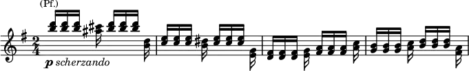 \new Staff \relative c'''{\key g \major \time 2/4 \set Score.tempoHideNote = ##t \tempo "" 4=126 \stemUp <b d>16_\markup{\center-align \dynamic p \italic scherzando}^\markup{\smaller \center-align (Pf.)}[ q q] \once \stemDown <ais cis> <b d>[ q q] \once \stemDown <b, d> <c e>[ q q] \once \stemDown <b dis> <c e>[ q q] \once \stemDown <e, g> <d fis>[ q q] \once \stemDown <e g> <fis a>[ q q] \once \stemDown <a c> <g b>[ q q] \once \stemDown <a c> <b d>[ q q] \once \stemDown <fis a>  } 