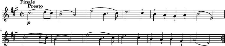 \version "2.18.2"
\relative c'' {
\key a \major
\time 2/2
\tempo "Finale "
\tempo 4 = 280
cis2.^\markup {\bold Presto} \p (d8 cis)
b2 (a)
e' (b4. cis8)
d2. cis4-!
b-! a-! gis-! a-!
b2 (e,)
cis'2. (d8 cis)
b2 (a)
e' (b4. cis8)
d2. cis4-!
b-! a-! b-! gis-!
a2 (e) \bar ":|."
}