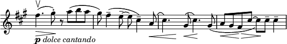 \relative c'' \new Staff \with { \remove "Time_signature_engraver" } {
\set Score.tempoHideNote = ##t \tempo "" 4=132 \key a \major \time 4/4
fis4.\upbow _\markup { \dynamic p \italic { dolce cantando } } \> (
gis8-.\! ) r a( b a gis) fis4--( e8--~ e cis4--)
\shape #'((0 . 1.5) (0 . 1.5) (0 . 1.5) (0 . 0.5)) Slur a8\< (
cis4.*1/3) \once \hideNotes cis4\!
\shape #'((0 . 2) (0 . 1.5) (0 . 1.5) (0 . 0.5)) Slur gis8\<(
cis4.\! ) gis8_( a\< gis fis\> cis'~ cis\! ) cis-- cis4--
}