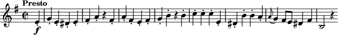 
\version "2.18.2"
\header {
  tagline = ##f
}

\score {
  \new Staff \with {

  }
<<
  \relative c' {
    \key g \major
    \tempo "Presto"
    \time 2/2
    \tempo 4 = 300
    \override TupletBracket #'bracket-visibility = ##f 
    \autoBeamOff

     %%%%%%%%%%%%%%%%%%%%%%%%%% Hob:16,44 presto
     \partial 4 e4-. \f g-. e-. dis-. e-. fis-. a-. r4 fis-. a-. fis-. e-. fis-. g-. b-. r4 b-. c-. c-. c-. e,-. dis-. b'-. b-. a-. \grace a8 (g4) fis8 [e] dis4 fis b,2 r4

  }
>>
  \layout {
    \context {
      \remove "Metronome_mark_engraver"
    }
  }
  \midi {}
}
