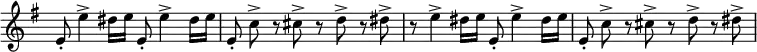 \relative c' \new Staff \with { \remove "Time_signature_engraver" } {
\set Score.tempoHideNote = ##t \tempo "" 4=126 \key e \minor \time 4/4
e8-. e'4-> dis16 e e,8-. e'4-> dis16 e \autoBeamOff e,8-. c'-> r cis-> r d-> r dis->
\autoBeamOn r e4-> dis16 e e,8-. e'4-> dis16 e \autoBeamOff e,8-. c'-> r cis-> r d-> r dis->
}