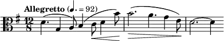 \relative c' {
\key g \major \clef alto
\time 12/8
\tempo "Allegretto" 4. = 92
\tempo 4 = 116
\set Staff.midiInstrument = "string ensemble 1"
d4. ( g,4 a8 ) b4 ( c8\< d4 b'8\! )
b2.\> ( a4. g4 e8\! )
d2.~ d4
}