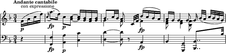 
<<
  \new Staff  \relative c' {
       \version "2.18.2"
         \clef "treble"
         \tempo "Andante cantabile"
         \key f \major
         \time 3/4
          \tempo 4 = 40
      \partial 4 f16 \p ^ \markup{con expressione} (a c f)
      \grace c16 (a'8.) \fp (f16) c8 \p <a c> ~ <a c>16 <g bes> <f a> <g bes>
      << { \stemDown g4} \\ {\stemUp bes8. c32 bes} >>  << {\stemDown f8.} \\ {\stemUp a8.} >>
      << {c,32 [f32 ] ~ \stemDown f4  \fp} \\ {s16 \stemUp d'16 ^([c bes a])} >>
      << { \stemDown <d, f>8 <d f>4 <bes f'>8 s16} \\ {\stemUp a'16 [g] g4 g8 ~ g16}  >> bes32 (a c [bes a g])
  }
 \new Staff \relative c {
         \clef "bass"
         \key f \major
         \time 3/4
         \partial 4 r4
         <f, f'> \fp <a a'> \p <c c'>
         <d d'> ~ <d d'>8 r8 a4 \fp
         bes <g, g'> <bes bes'>8.. bes''32
}
>>
