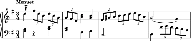 
 \relative c'' {
  \new PianoStaff <<
   \new Staff { \key g \major \time 3/4 \tempo "Menuet"
    d^\markup    
             \teeny \override #'(baseline-skip . 1) {
              \null \halign #-0
              \center-column {
               \musicglyph #"scripts.mordent"
               \sharp
              } 
            } \times 2/3 {g8 d b} \times 2/3 {d b g} \times 2/3 {g fis d} <c' a>4 <b g> \times 2/3 {e,8 gis a} \times 2/3 {b c d} \times 2/3 {e c a} g2 (fis4)
   }
   \new Staff { \key g \major \time 3/4 \clef bass
    <g, b>4 r <b d> <a c> fis g c,2. d4 \times 2/3 {d'8 e d} \times 2/3 {c b a}
     }
     >>
    }
