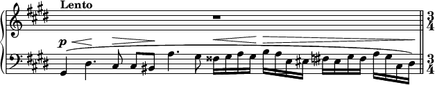
\new PianoStaff <<
\new Staff = "Up" <<
\new Voice \relative c' {
\clef treble
\key cis \minor
\override Score.TimeSignature.stencil = ##f
\hide Score.MetronomeMark
\tempo 4=40
\time 10/4
s2^\markup{\bold Lento} s1 r
\revert Score.TimeSignature.stencil
\bar "||"
\time 3/4
}
>>
\new Staff = "Down" <<
\new Voice \relative c{
\clef bass
\key cis \minor
\dynamicUp
gis4 \p \< (dis'4. \! cis8 \> cis [bis \!] a'4. gis8 fisis16 \< gis a gis \! b \> a e eis fis eis gis fis a gis cis, dis \!)
}
>>
>>
