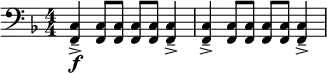\relative c { \new Staff { \key f \major \time 4/4 \numericTimeSignature \clef bass
<f, c'>4-\f---> <f c'>8 <f c'>8 <f c'>8 <f c'>8 <f c'>4---> |
<f c'>4---> <f c'>8 <f c'>8 <f c'>8 <f c'>8 <f c'>4---> | }}
