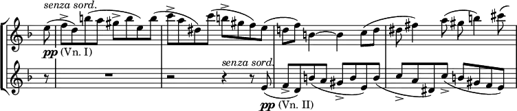 \new StaffGroup <<
\relative c' \new Staff \with { \remove "Time_signature_engraver" } {
\key d \minor \time 4/4 \partial 8 \override TextScript #'whiteout = ##t
e'8 ^\markup \italic { senza sord. } _\markup { \dynamic pp (Vn. I) }
( f-> d) b'( a gis-> b e,) b'( c-> a dis,) c'( b-> gis f) e(
d! f) b,4~ b c8( d dis fis4) a8( gis b4) \autoBeamOff cis8*1/2( \hideNotes e)
}
\relative c' \new Staff \with { \remove "Time_signature_engraver" } {
\key d \minor \time 4/4 \partial 8
r8 R1 r2 r4 ^\markup \italic { senza sord. } r8 e8 _\markup { \dynamic pp (Vn. II) }
( f-> d) b'( a gis-> b e,) b'( c-> a dis,) c'->( b gis f e)
}
>>