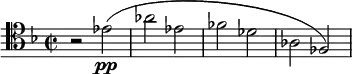 \relative c' {
\time 2/2
\key d \minor
\clef "tenor"
r2 es(\pp | as es | fes des | as fes) |
}