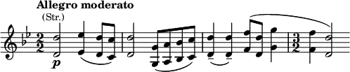 \relative c' { \clef treble \key g \minor \numericTimeSignature \time 2/2 \tempo "Allegro moderato" <d d'>2^\markup{\center-align \smaller (Str.)}\p <es es'>4( <d d'>8 <c c'>) <d d'>2 <g, g'>8( <a a'> <bes bes'> <c c'>) <d d'>4--( <d d'>--) <f f'>8( <d d'> <g g'>4 \time 3/2 <f f'> <d d'>2) }