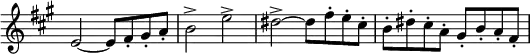 
\relative c' \new Staff \with { \remove "Time_signature_engraver" } {
 \key a \major \time 4/4 \set Score.tempoHideNote = ##t \tempo "" 4=135
 e2~ e8 fis-. gis-. a-. b2-> e-> dis->~ dis8 fis-. e-. cis-. b-. dis-. cis-. a-. gis-. b-. a-. fis-.
}
