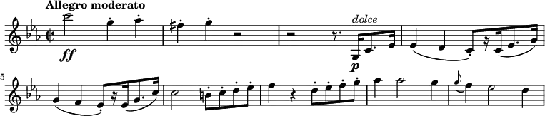 
\version "2.18.2"
\relative c'' {
  \key c \minor
  \time 2/2
  \tempo "Allegro moderato "
  \tempo 4 = 130
  c'2\ff g4-. aes-.
  fis-. g-. r2
  r2 r8. g,,16^\markup {\italic dolce} \p c8. es16
  es4 (d c8-.) [r16 c (es8. g16)] \break
  g4 (f ees8-.) [r16 es (g8. c16)]
  c2 b8-. c-. d-. es-.
  f4 r d8-. es-. f-. g-.
  aes4 aes2 g4
  \grace g8 (f4) ees2 d4
}
