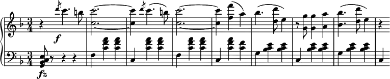 \relative c' {
\new PianoStaff <<
\new Staff { \key d \minor \time 3/4
\set Score.tempoHideNote = ##t \tempo "" 2. = 56
r \slashedGrace d''8\f c4. b8 <c c,>2.~ <c c,>4 \slashedGrace d8 c4.( b8) <c c,>2.~ <c c,>4 <f f,>( a,) bes4.( <d d,>8 e,4) r8 <g g,>8 <g g,>4 <a a,> <bes bes,>4.( <d d,>8 e,4) r
}
\new Staff { \key d \minor \time 3/4 \clef bass
<g,,, bes c e>8\fz r r4 r f' <c' f a> <c f a> c, <c' f a> <c f a> f, <c' f a> <c f a> c, <c' f a> <c f> g <bes c e> <bes c e> c, <bes' c e> <bes c e> g <bes c e> <bes c e> c,
}
>>
}