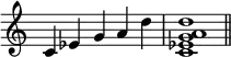 {\omit Staff.TimeSignature \time 5/4 c'4ees'g'a'd'' \time 4/4 <c'ees'g'a'd''>1 \bar "||"}