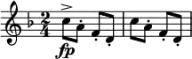 
\relative c' {
\key f \major
\time 2/4
\tempo ""
\tempo 4 = 152
\set Staff.midiInstrument = "violin"
c'8->\fp a-. f-. d-.
c' a-. f-. d-.
}
