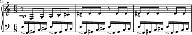 
 \relative c'' {
  \new PianoStaff <<
   \new Staff { \key c \major \set Score.tempoHideNote = ##t \tempo "" 4.=160 \time 6/8
    \set Score.currentBarNumber = #14 \bar ""
    r8 f,, g a b cis dis-> dis dis r dis dis dis-> dis dis r dis dis
   }
   \new Dynamics {
    s4\mp
   }
   \new Staff { \key c \major \time 6/8 \clef bass
    e,16*6/5_> f, gis b cis e_> f, gis b cis
    e_> f, gis b cis e_> f, gis b cis
    e_> f, gis b cis e_> f, gis b cis
   }
  >>
 }
