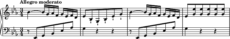 \relative c'' {
\new PianoStaff <<
\new Staff { \key es \major \time 3/4 \tempo "Allegro moderato"
bes4~ bes16 g aes f g es f d es8 bes-! g-! bes-! es-! g-! bes4~ bes16 g aes f g es f d es8 <es' g,> <es g,> <es g,> <es g,> <es g,>
}
\new Staff { \key es \major \time 3/4 \clef bass
r8 es,,, g bes es aes g4 r r r8 es, g bes es aes g4 r r
}
>>
}