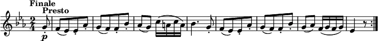 
\version "2.18.2"
\relative c'' {
  \key es \major
  \time 2/4
  \tempo "Finale"
  \tempo 4 = 146
  \partial 8 g8-.^\markup {\bold Presto} \p
  f [(es) es-. aes-.] 
  g [(f) f-. bes-.] 
  aes (g) c16 (a c a)
  bes4. g8-.
  f [(es) es-. aes-.] 
  g [(f) f-. bes-.] 
  g (aes) f16 (g f g)
  es4 r8 \bar ":|."
}
