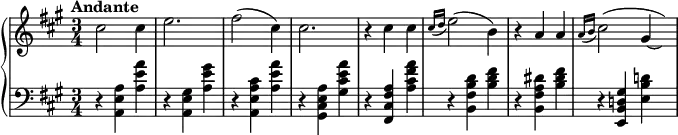 
 \relative c' {
  \new PianoStaff <<
   \new Staff { \key a \major \time 3/4 \tempo "Andante"
    cis'2 cis4 e2. fis2( cis4) cis2.
    r4 cis cis \grace { cis16( [ d] } e2) ( b4) r a a \grace { a16( [ b] } cis2) ( gis4*3/4 ~
    \hideNotes gis16)
   }
   \new Staff { \key a \major \time 3/4 \clef bass
    r4 <a, e a,> <a' e a,> r <gis, e a,> <gis' e a,>
    r <cis, a e a,> <a' e a,> r <a, e cis gis> <a' e cis gis>
    r <a, fis cis fis,> <a' fis cis a> r <d, b fis b,> <fis d b>
    r <dis a fis b,> <fis dis b> r <gis, d! b e,> <d'! b e,>
   }
  >>
 }
