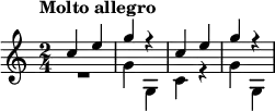 
\relative c'' { \set Score.tempoHideNote = ##t \tempo "Molto allegro" 4=140 \key c \major \time 2/4
 <<
  { c4 e g r c, e g r }
  \\
  { R2 g,4 g, c r g' g, }
 >>
}
