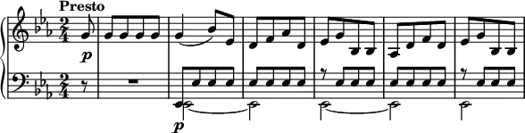 
 \relative g' {
  \new PianoStaff <<
   \new Staff { \key es \major \time 2/4 \partial 8 \set Score.tempoHideNote = ##t \tempo "Presto" 4=138
    g8 g [g g g] g4 (bes8) es, d [f aes d,] es [g bes, bes] aes [d f d] es [g bes, bes]
   }
   \new Dynamics {
    s1\p}
   \new Staff { \key es \major \time 2/4 \clef bass \partial 8
    r8 R2 <<
    {es,,8 [es' es es] es [es es es] r es [es es] es [es es es] r es [es es]}
    \\
    {es,2~ es es~ es es~}
    >>
   }
  \new Dynamics {
    s8 s2 s1\p}
  >>
 }
