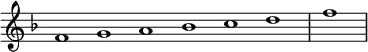 \relative c' {
\new Staff \with { \remove "Time_signature_engraver" }
{ \key f \major \time 1/1 \cadenzaOn f1 g a bes c d \bar "|" f \bar"|"}
}