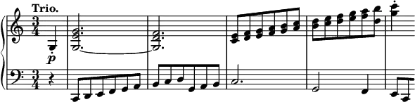 
\relative c' {
 \new PianoStaff <<
  \new Staff {
   \key c \major \time 3/4 \set Score.tempoHideNote = ##t \tempo "Trio." 4=174 \partial 4
   g4-.\p <g' e g,>2.~ <f d g,> <e c>8 <f d> <g e> <a f> <b g> <c a>
   <d b> <e c> <f d> <g e> <a f> <b d,> <c g>4-.
  }
  \new Staff { \key c \major \time 3/4 \clef bass
   r4 c,,,,8 d e f g a b c d g, a b c2. g2 f4 e8[ \set stemRightBeamCount = 1 c]
  }
 >>
}
