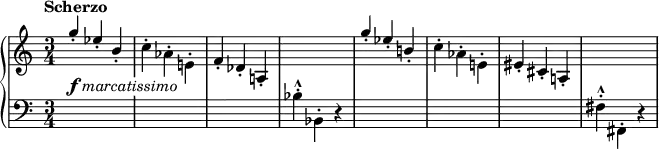 \relative c' {
\new PianoStaff <<
\new Staff { \key c \major \set Score.tempoHideNote = ##t \tempo "Scherzo" 2.=122 \time 3/4
\stemUp g''4-. es-. b-. \stemDown c-. aes-. e!-. \stemUp f-. des-. a!-. s2.
g''4-. es-. b!-. \stemDown c-. aes-. e!-. \stemUp eis-. cis-. a!-. s2.
}
\new Dynamics {
\override TextScript #'whiteout = ##t
s4-\markup{ \dynamic f \italic marcatissimo }
}
\new Staff { \key c \major \time 3/4 \clef bass
\stemDown s2. s s bes4-. -^ bes,-. r s2. s s fis'4-. -^ fis,-. r
}
>>
}