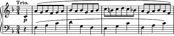 
 \relative c' {
  \new PianoStaff <<
   \new Staff { \key f \major \time 3/4 \tempo "Trio." \partial 4
    c4 a'8( g a f g a bes a bes g a bes c b c d c bes a g a bes a f)
   }
   \new Dynamics {
    s4\p
   }
   \new Staff { \key f \major \time 3/4 \clef bass
    r4 f,( a c d g, f e g c f, a c)
   }
  >>
 }
