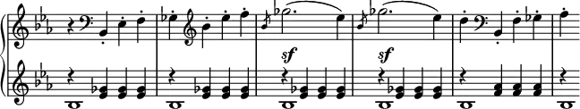 
 \relative c' {
  \new PianoStaff <<
   \new Staff \with { \remove "Time_signature_engraver" } { \key c \minor \time 4/4
    r4 \clef bass bes,4-. es-. f-. ges-. \clef treble bes'-. es-. f-.
    \slashedGrace bes,8 ges'2.( es4) \slashedGrace bes8 ges'2.( es4) d-.
    \clef bass bes,,-. f'-. ges-. aes-.
   }
   \new Dynamics {
    s1 s s\sf s\sf
   }
   \new Staff \with { \remove "Time_signature_engraver" } { \key c \minor \time 4/4
    <<
     {
      d'4\rest <ges, es> <ges es> <ges es> d'\rest <ges, es> <ges es> <ges es>
      d'\rest <ges, es> <ges es> <ges es> d'\rest <ges, es> <ges es> <ges es>
      d'\rest <aes f> <aes f> <aes f> d\rest
     }
    \\
     { bes,1 bes bes bes bes bes1*1/4 }
    >>
   }
  >>
 }
