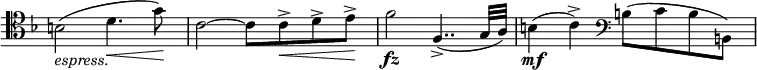 \relative c' \new Staff \with { \remove "Time_signature_engraver" } {
\key f \major \time 4/4 \set Score.tempoHideNote = ##t \tempo "" 4=68 \clef tenor
\override Score.NonMusicalPaperColumn #'line-break-permission = ##f
b2_\markup \italic espress. ( d4.\< g8\! ) c,2~ c8 c-> \< d-> e-> \!
f2\fz f,4..-> ( g32 a) b4\mf ( c-> ) \clef bass b8( c b b,)
}