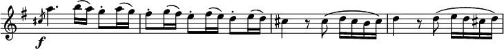
 \relative c' \new Staff \with { \remove "Time_signature_engraver" } { \key g \major \time 3/4
  \slashedGrace cis'8\f a'4. b16( a) g8-. a16( g) fis8-. g16( fis) e8-. fis16( e) d8-. e16( d)
  cis4 r8 cis( d16 cis b cis) d4 r8 d( e16 d cis d)
 }
