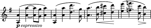 
\relative c'' {
 \new Staff \with { \remove "Time_signature_engraver" } { \key g \major \time 4/4 \set Score.tempoHideNote = ##t \tempo "" 2=86
  <a a,>4_\markup {\dynamic p \italic espressivo } ( <a'~ a,~> <a a,>8 <g g,> <a a,>4) <a, a,>( <a' a,> <d d,>4. <g, g,>8)
  <a a,>4.( <b b,>8\< <cis cis,>4 <d d,>\!) <e e,>( <f f,>4. <c c,>8\> <b b,>4\!)
 }
}
