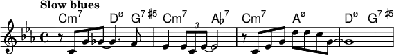 \relative c' {
<<
\new ChordNames {
\set chordChanges = ##t
\chordmode { c2:m7 d4.:m7.5- g8:7.5+ | c2:m7 aes:7 | c:m7 a:m7.5- d:m7.5- g:7.5+}
}
\new Staff {
\tempo "Slow blues"
\key ees \major
r8 c g' ges~ ges4. f8 | ees4 \times 2/3 { ees8 c ees~ } ees2 | r8 c ees g d' d c g~ | g1
}
>>
}