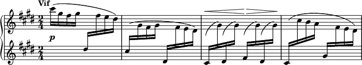 { \new PianoStaff <<
\new Staff = "right" {\time 2/4 \key cis \minor \set Score.tempoHideNote = ##t \tempo "Vif" 4=144 \relative c'''
{cis16( gis fis gis \change Staff = "left" dis \change Staff = "right" fis e dis)
\change Staff = "left" \stemUp cis16( \change Staff = "right" \stemDown gis fis gis \stemNeutral
\change Staff = "left" dis \change Staff = "right" fis e dis)
\dynamicUp \override DynamicLineSpanner.padding = #3.0
\change Staff = "left" cis(\< \change Staff = "right" gis') \change Staff = "left" dis( \change Staff = "right" gis)
\change Staff = "left" fis(\> \change Staff = "right" gis) \change Staff = "left" dis( \change Staff = "right" gis)\!
\shape #'((0 . 4) (0 . -1) (0 . -3) (0 . 0.5)) Slur
\change Staff = "left" cis,( \change Staff = "right" cis' b a
\change Staff = "left" \stemUp gis \change Staff = "right" \stemDown fis e dis)}
}
\new Dynamics {s2\p s2 }
\new Staff = "left" {\time 2/4 \key cis \minor s2 s2 s2 s2}
>> }