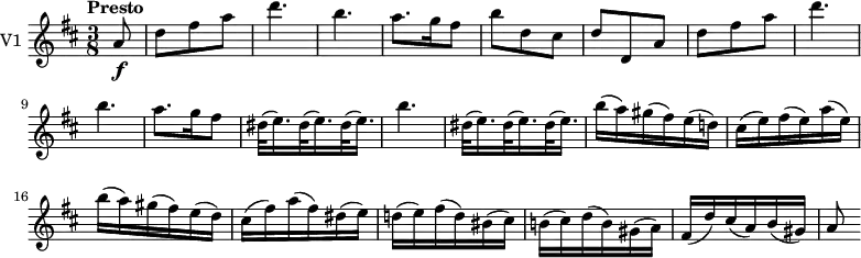 \new Staff \with { instrumentName = #"V1 "}
\relative c'' {
\version "2.18.2"
\key d \major
\tempo "Presto"
\tempo 4 = 130
\time 3/8
\partial 8 a8 \f
d fis a
d4. b
a8. g16 fis8
b8 d, cis
d d, a'
d fis a
d4. b
a8. g16 fis8
dis32 (e16.) dis32 (e16.) dis32 (e16.)
b'4.
dis,32 (e16.) dis32 (e16.) dis32 (e16.)
b'16 (a) gis (fis) e (d!)
cis (e) fis (e) a (e)
b' (a) gis (fis) e (d)
cis (fis) a (fis) dis (e)
d! (e) fis (d) bis (cis)
b! (cis) d (b) gis (a)
fis (d') cis (a) b (gis)
a8
}