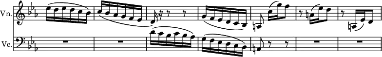 
<<
 \relative c'' \new Staff 
 \with { instrumentName = "Vn." }
 \with { \remove "Time_signature_engraver" }
 { \key es \major \time 3/8 \set Score.tempoHideNote = ##t \tempo "" 4.=72
  es16( d es d c bes) c( bes aes g f es d) r16 r8 r g16( f es d c bes)
  a8 c'16[ ( g') f8] r a,16( es') d8 r a,16( es') d8
 }
 \relative c' \new Staff
 \with { instrumentName = "Vc." } 
 \with { \remove "Time_signature_engraver" }
 { \key es \major \time 3/8 \clef bass
  R4. R d16( c bes c bes aes) g( f es d c bes) a8 r r R4. R
 }
>>
