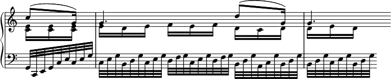 
 \relative c' {
  \new PianoStaff <<
   \new Staff \with { \remove "Time_signature_engraver" } { \key c \major \time 9/16 \partial 8.
    <<
     { c'8( g16) g4. d'8( g,16) g4. }
    \\
     { <e c>16 <e c> <e c> e d e f e f d c d d e d }
    >>
   }
    \new Staff \with { \remove "Time_signature_engraver" } { \key c \major \time 9/16 \clef bass
     g,,32*2/3[ c, e g c e c e g] c,[ e g b, d g c, e g] d[ f g c, e g d f g] b,[ d g a, c g' b, d g] b,[ d g c, e g b, d g]
    }
  >>
 }
