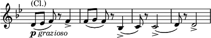 
\relative c' \new Staff \with { \remove "Time_signature_engraver" } {
 \key bes \major \time 3/4
  d8^\markup (Cl.) _\markup { \dynamic p \italic grazioso }
  ( [ es] f) r f4-> f8([ g] f) r bes,4-> ( c8) r c2-> ( d8) r d2->
}
