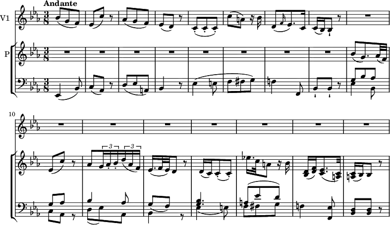 \new GrandStaff <<
\new StaffGroup <<
\new Staff {
\version "2.18.2"
\tempo "Andante"
\clef treble
\key ees \major
\time 3/8
\tempo 4 = 30
\relative c'' {\set Staff.instrumentName = "P"
\repeat unfold 12 {R}
bes8 (g8.) aes32 (f)
ees8 (c') r
aes \tuplet 3/2 {g16 aes-. bes-.} \tuplet 3/2 {d16 (aes f)}
ees16. (f32 es) d8 r
d16 (c) c8-. (c-.)
ees'!16. c32 a8 r16 bes
<bes, d> (<d f>) <c ees>8. (<a c>32)
<a c>16 (bes) bes8 r
}
}
\new Staff {
\clef bass
\key ees \major
\time 3/8
\relative c {
ees,4 (bes'8)
c (aes) r
d (ees a,)
bes4 r8
ees4 (e8 f fis g)
f!4 f,8
bes-! bes-! r
<<{\stemDown ees4 bes8 c aes s d _ (ees) aes, bes4 s8 ees4 _(e8) f fis g} \\ {\stemUp g8 bes aes g aes r bes4 aes8 g8 (f) r <g bes>4. a8 ^(ees' d)}>>
f,!4 <f, ees'>8
<bes d> <bes d> r
}
}
>>
\new Staff { \set Staff.instrumentName = "V1"
\relative c'' {
\key ees \major
\time 3/8
bes8 (g f)
ees (c') r
aes (g f)
ees (d) r
c-. (c-. c-.)
c' (a) r16 bes
d,8 ( \grace f16 (ees8.)) c16
c (bes) bes8-! r
\repeat unfold 24 {R}
}
}
>>