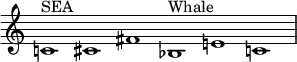 \relative c' {
\new PianoStaff <<
\new Staff \with { \remove "Time_signature_engraver" }
{ \key c \major \time 6/1
c!1^\markup {SEA} cis fis bes,!^\markup {Whale} e! c! \bar "|" }
>> }
