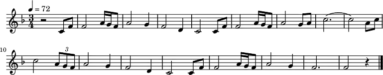 {
\relative f' { \key f \major \tempo 4 = 72 \time 3/4 \set Staff.midiInstrument = #"violin"
r2 c8 f8| f2 a16 g16 f8| a2 g4| f2 d4| c2 c8 f8| f2 a16 g16 f8| a2 g8 a8| c2.( c2)
a8 c8| c2 \tuplet 3/2 { a8 g f }| a2 g4| f2 d4| c2 c8 f8| f2 a16 g16 f8| a2 g4| f2.| f2 r4\bar "|."
}
}
